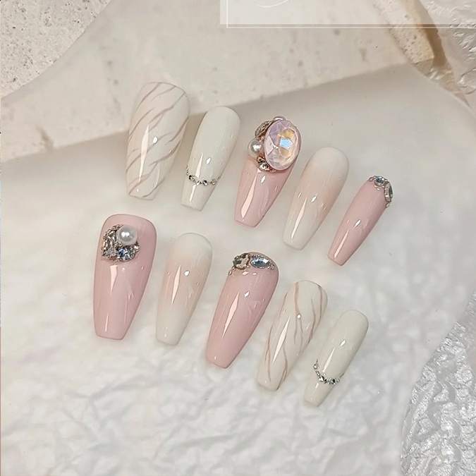 【CDJ007】Hand made light therapy wear nail Cream Princess long T wear nail wholesale product reuse beauty