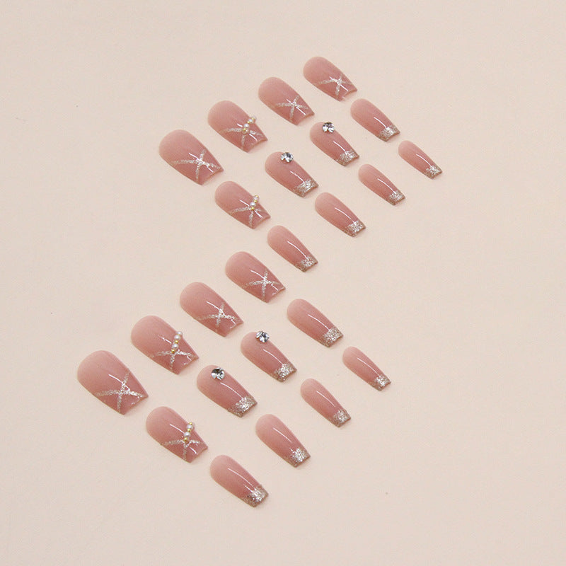【CDJ028】Short ballet Pearl Glitter Pile Diamond fake nails Fashion Pink nail piece Diamond Wear nail piece