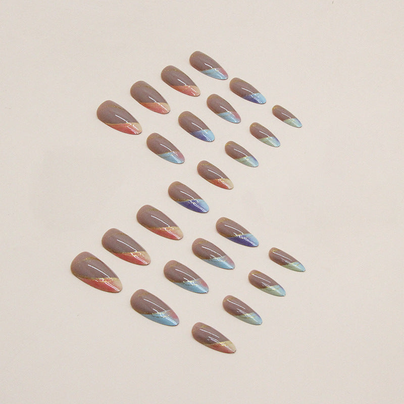 【CDJ025】Round head almond nail multicolored gradient French gold powder line wear nail fake nails