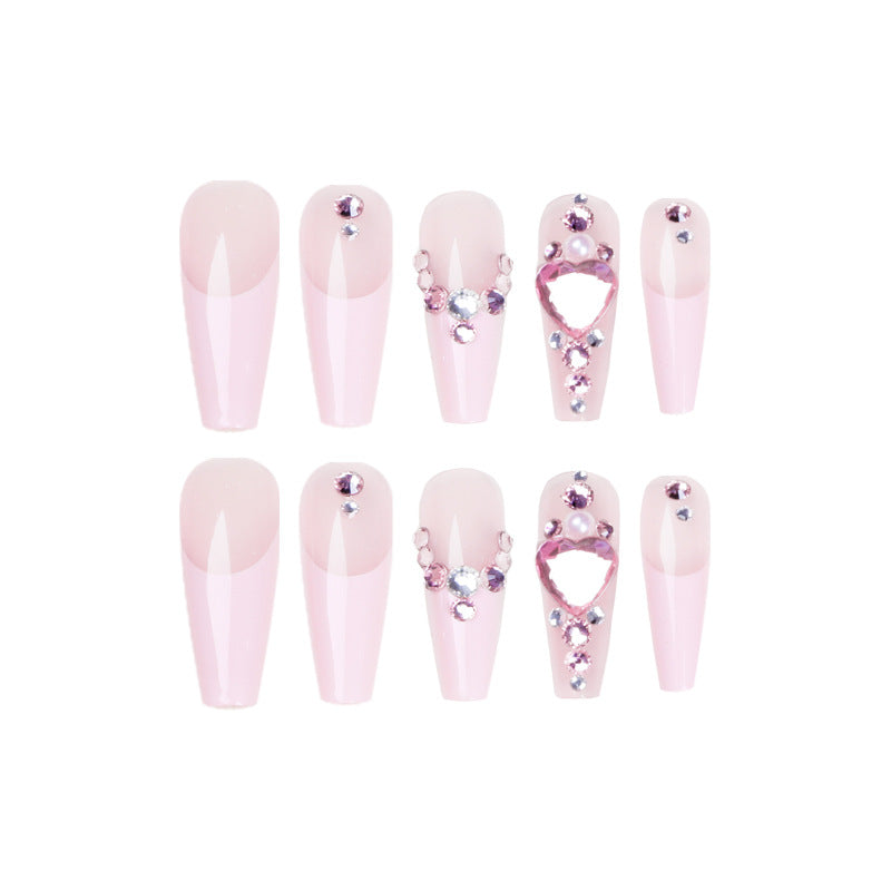 【CDJ045】French Ballet Pink Heart Pile Diamond Wear Nail Nail piece Wholesale Nail nail Fake nail nail Patch