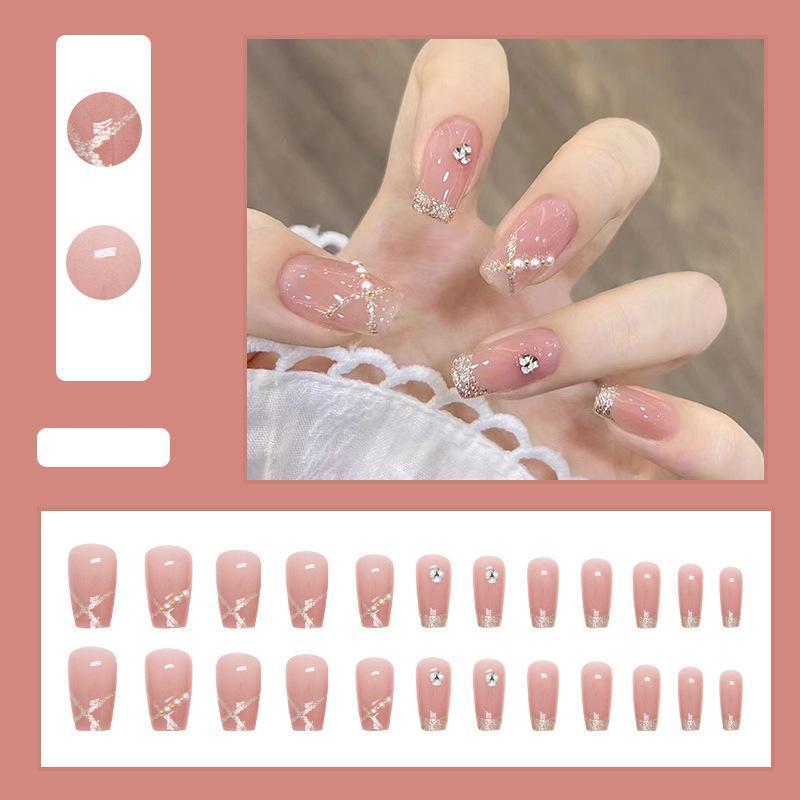 【CDJ028】Short ballet Pearl Glitter Pile Diamond fake nails Fashion Pink nail piece Diamond Wear nail piece