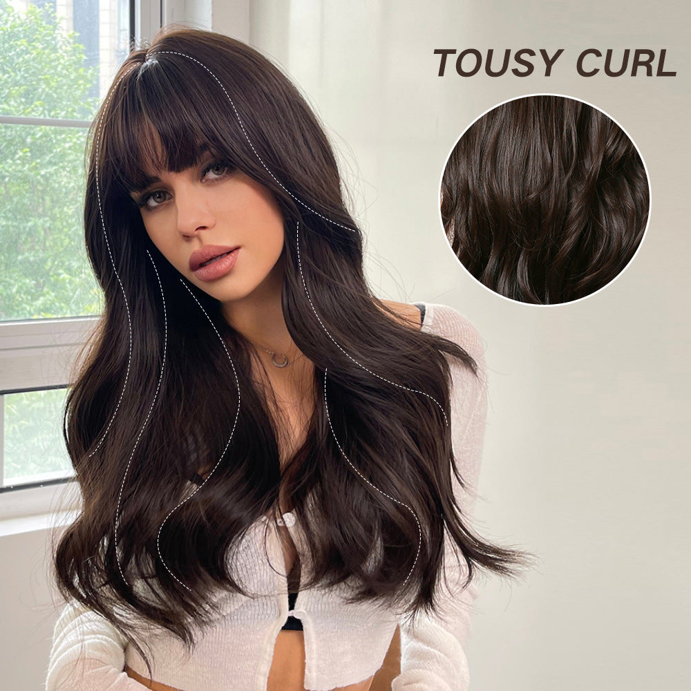 Brown | Long Wavy | Hair Bangs | Synthetic Wig | 24 inches