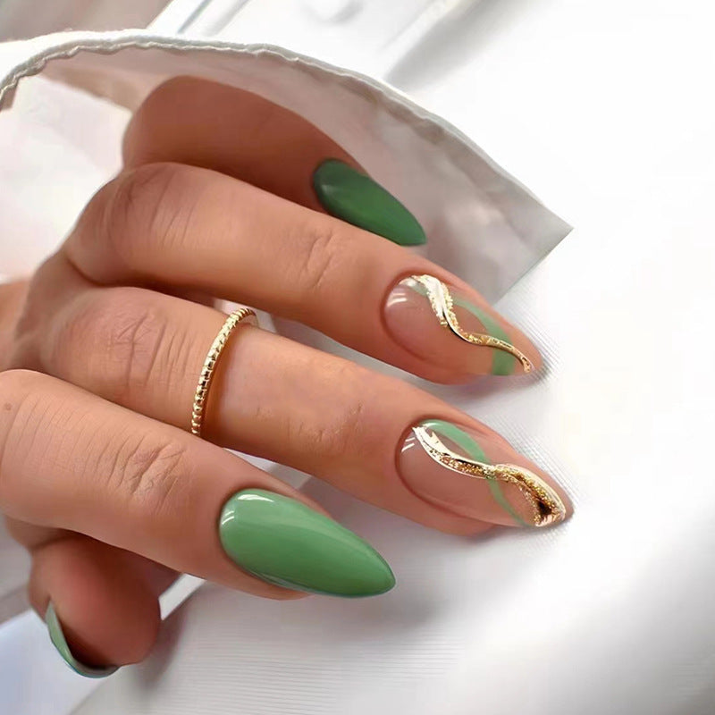 【CDJ026】Green round head almond nail gold ripple ribbon European and American fashion fake nails natural fresh green wear nail