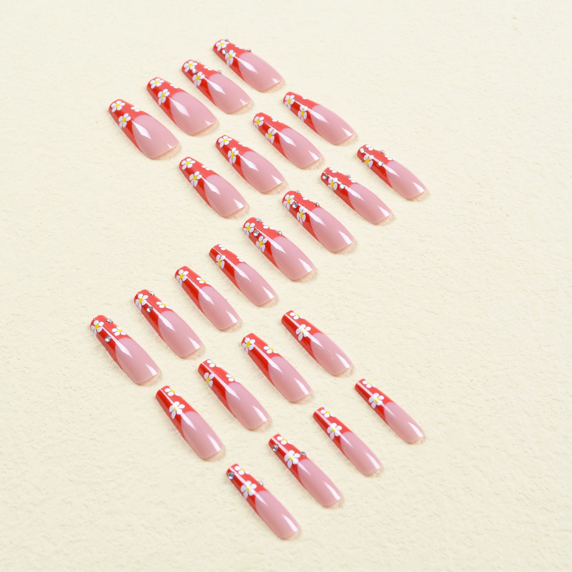 【CDJ035】French long ballet rhinestone white Floret red Europe and the United States wear nail art fake nail