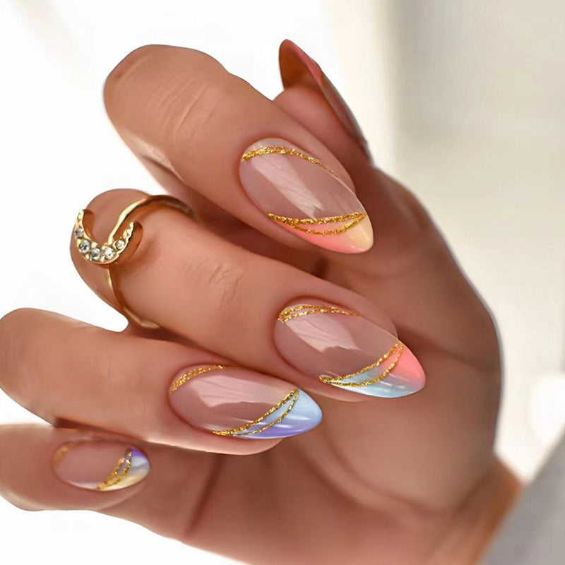 【CDJ025】Round head almond nail multicolored gradient French gold powder line wear nail fake nails