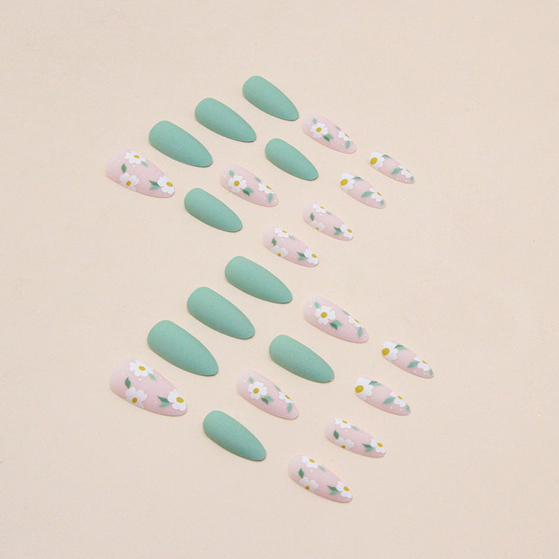 【CDJ024】Fresh light green frosted texture lovely flower summer Almond nail art European and American ins wind fake nail