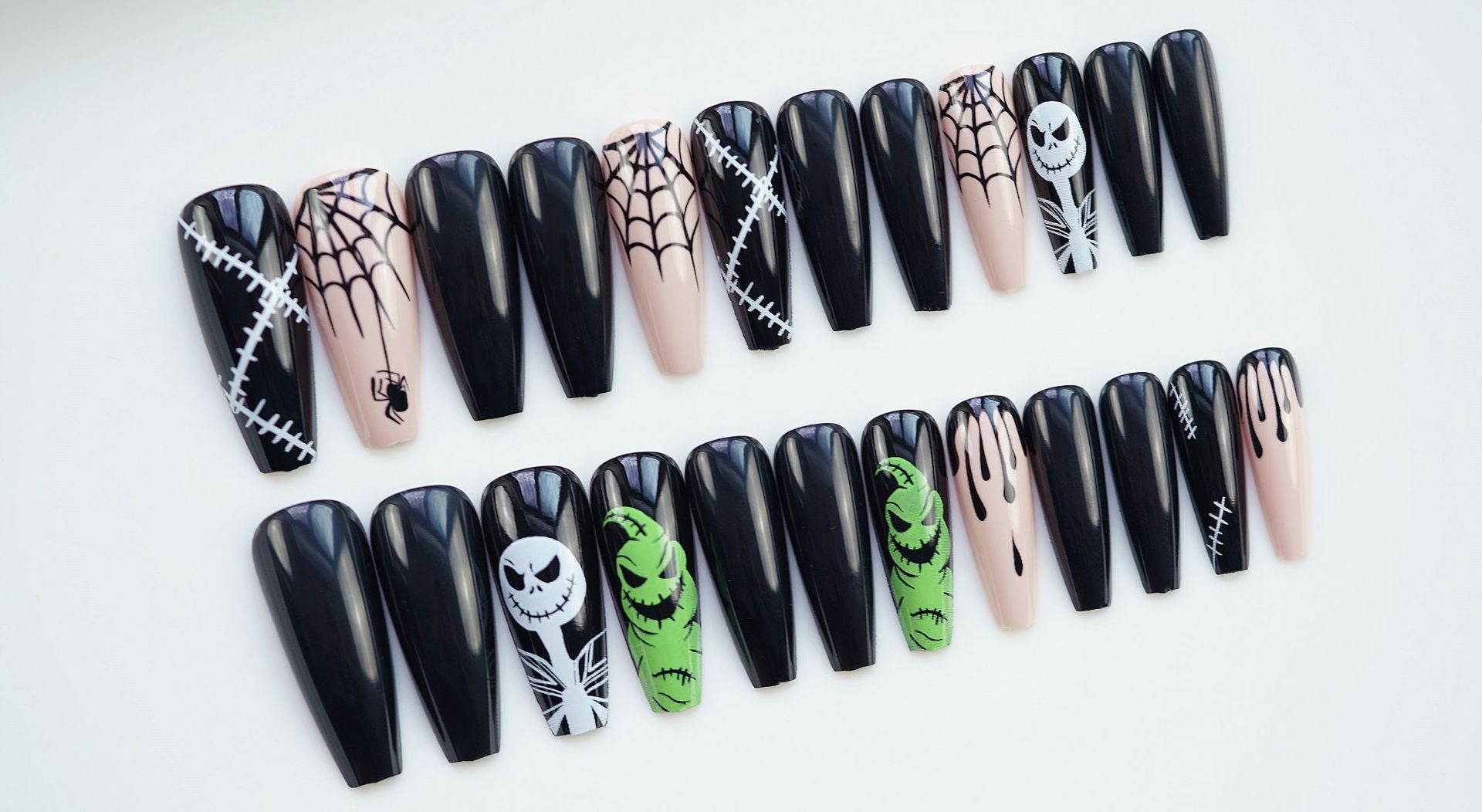 【CDJ036】Yellow-green skull long T fake nail piece Halloween holiday black wear nail art patch