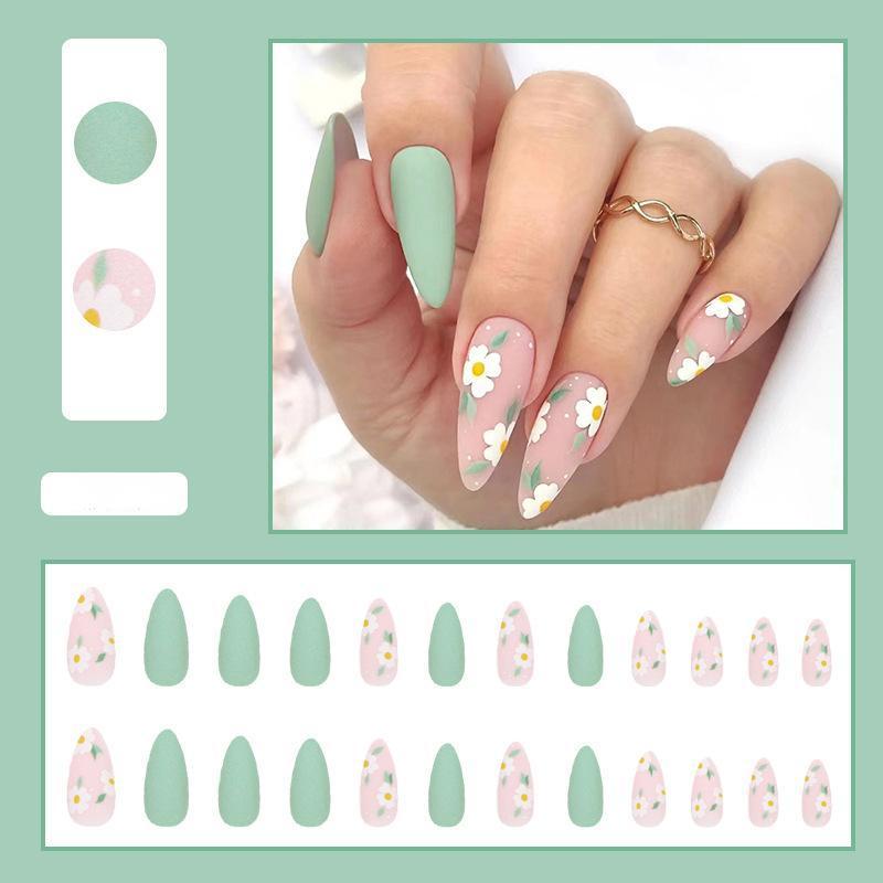 【CDJ024】Fresh light green frosted texture lovely flower summer Almond nail art European and American ins wind fake nail