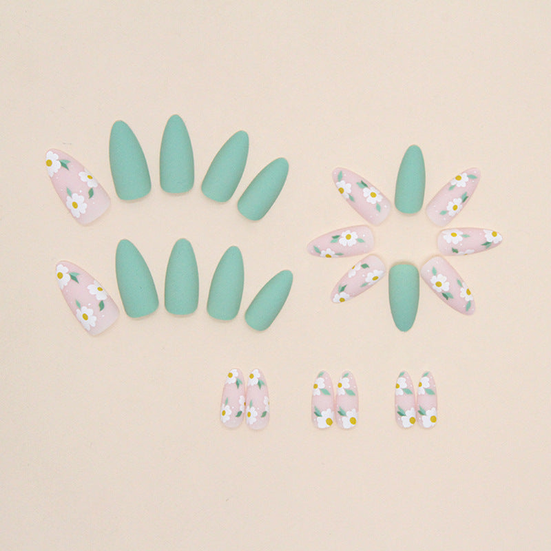 【CDJ024】Fresh light green frosted texture lovely flower summer Almond nail art European and American ins wind fake nail