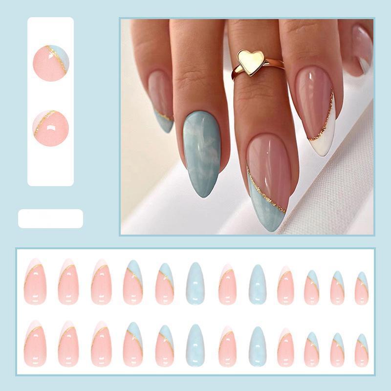 【CDJ015】White honey French Manicure Sky blue smudged simple ins style Sweet girl almond nail wear manicure