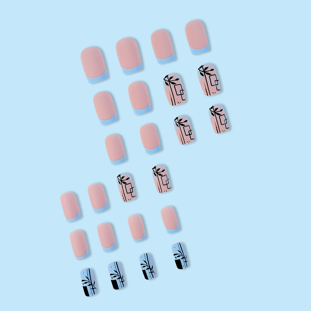 【CDJ031】Frosted mid-length Nail Wear Nail Art Blue French Refreshing Bamboo Nail Patch removable fake nail finish