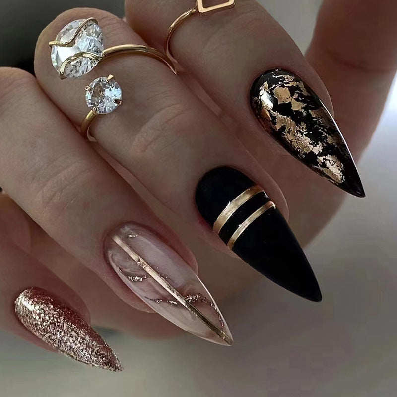 【CDJ023】Black Almond nail Dark Amber Gold Foil Flash Wear Fake nails Spice Sweet cool ins Style Nail