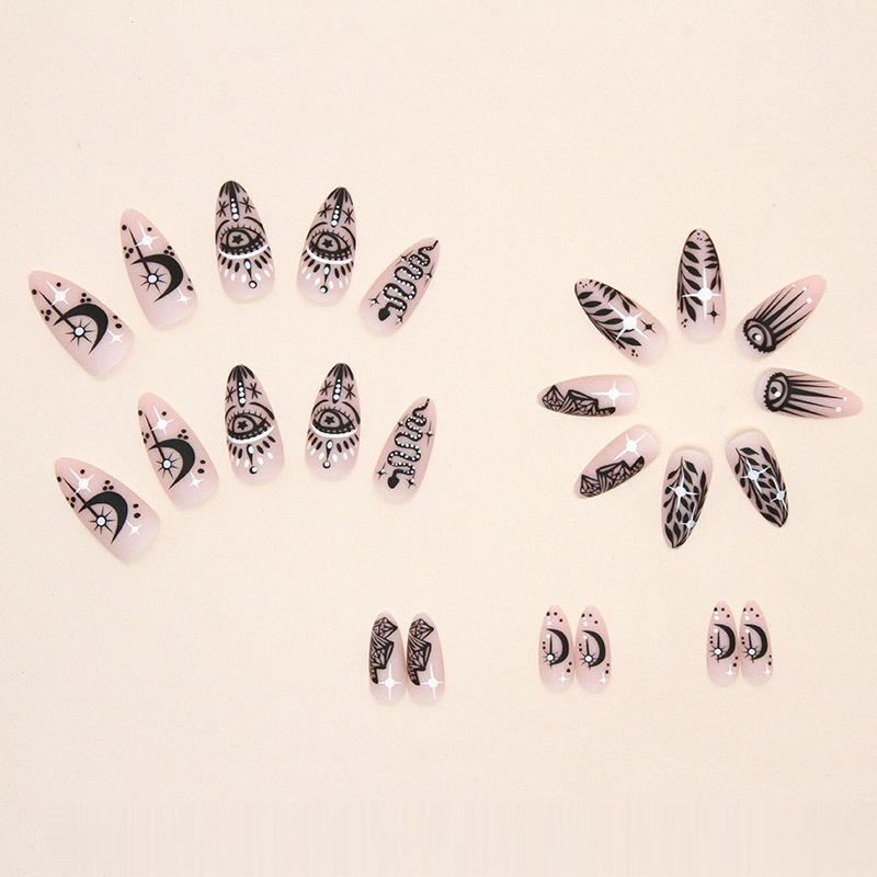 【CDJ020】Almond nail round head black totem wearing nail big eye diamond moon nail art Europe and America pompous ins wind nail piece