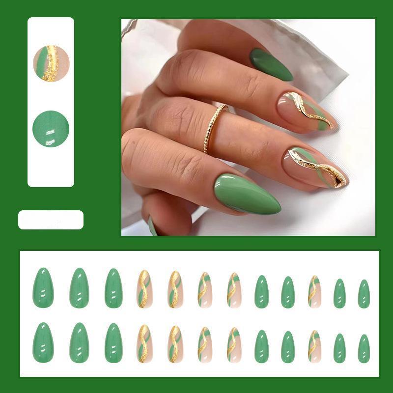 【CDJ026】Green round head almond nail gold ripple ribbon European and American fashion fake nails natural fresh green wear nail