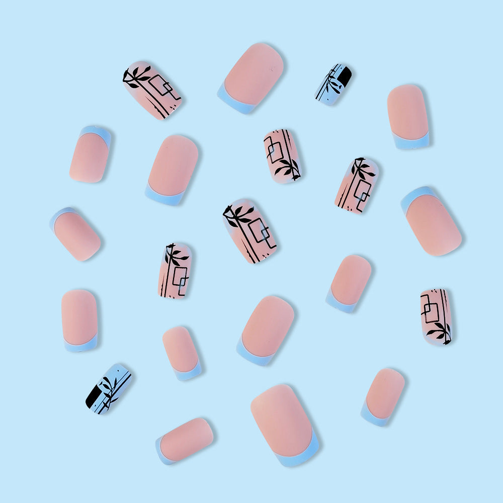 【CDJ031】Frosted mid-length Nail Wear Nail Art Blue French Refreshing Bamboo Nail Patch removable fake nail finish