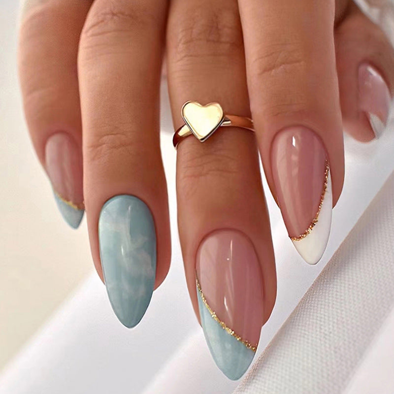 【CDJ015】White honey French Manicure Sky blue smudged simple ins style Sweet girl almond nail wear manicure