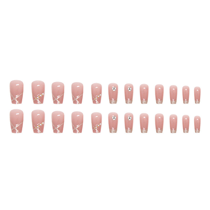 【CDJ028】Short ballet Pearl Glitter Pile Diamond fake nails Fashion Pink nail piece Diamond Wear nail piece