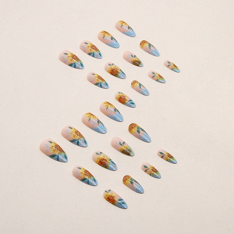 【CDJ021】Almond nail round head summer new Sunflower Flower Wear Nail Spice Sweet Wear Nail art