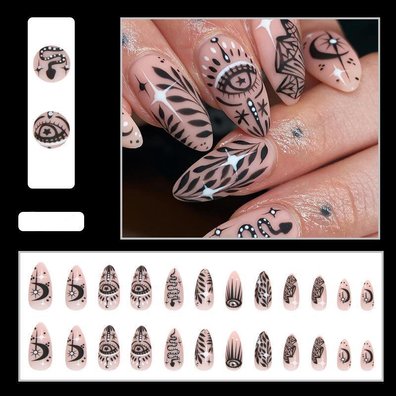 【CDJ020】Almond nail round head black totem wearing nail big eye diamond moon nail art Europe and America pompous ins wind nail piece