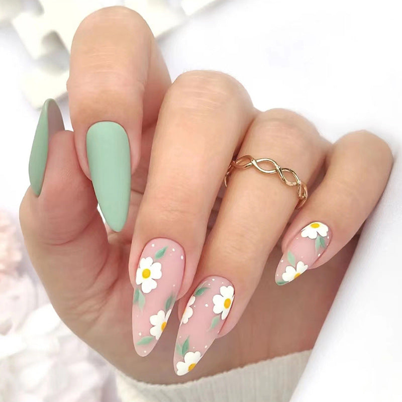 【CDJ024】Fresh light green frosted texture lovely flower summer Almond nail art European and American ins wind fake nail