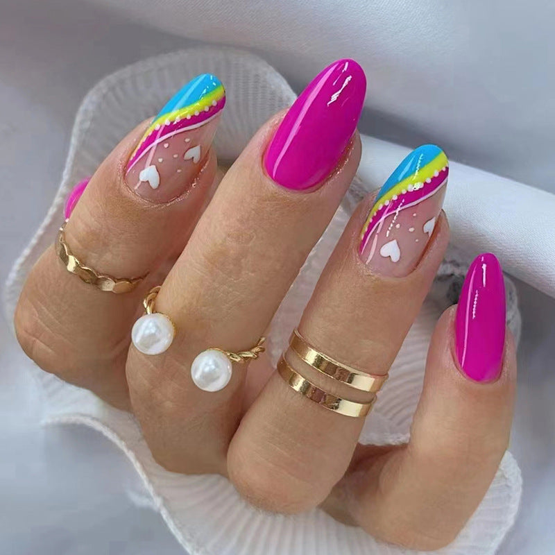 【CDJ019】Europe and the United States almond nail colorful ripple cute ins wind fake nails solid color rose red nail nail patch wear nail nail patch