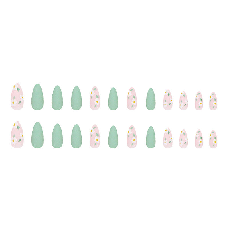 【CDJ024】Fresh light green frosted texture lovely flower summer Almond nail art European and American ins wind fake nail