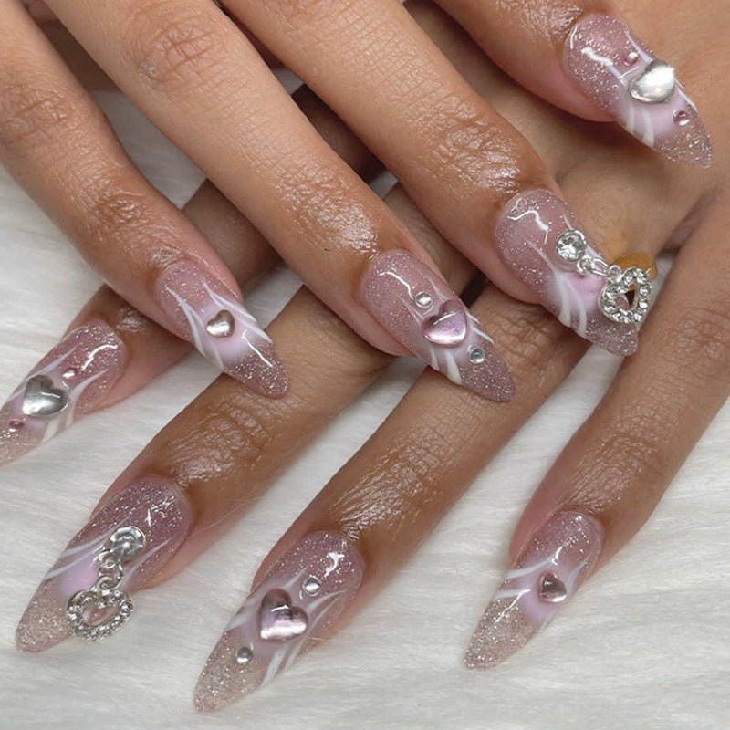 【CDJ014】Pink gradient love drop drill wear nail round head almond nail sweet pure desire ins wind nail art