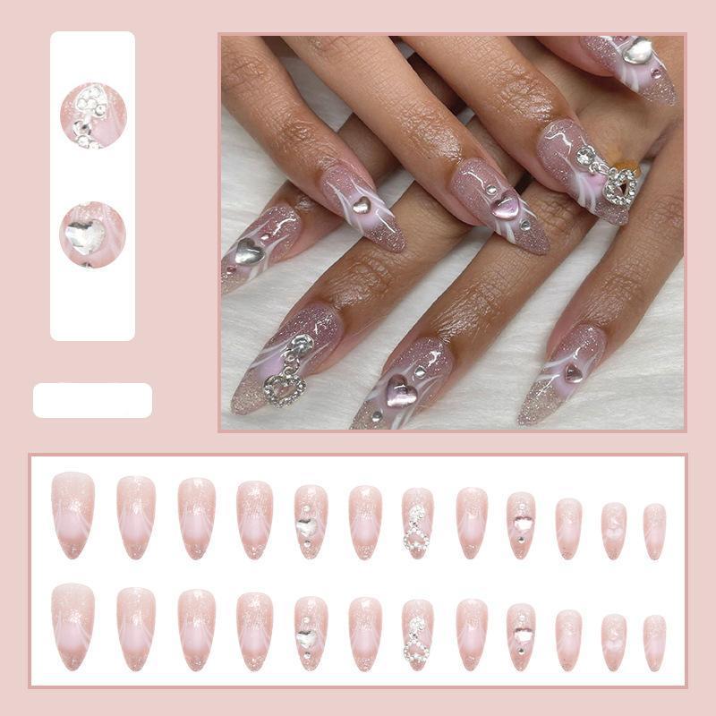 【CDJ014】Pink gradient love drop drill wear nail round head almond nail sweet pure desire ins wind nail art