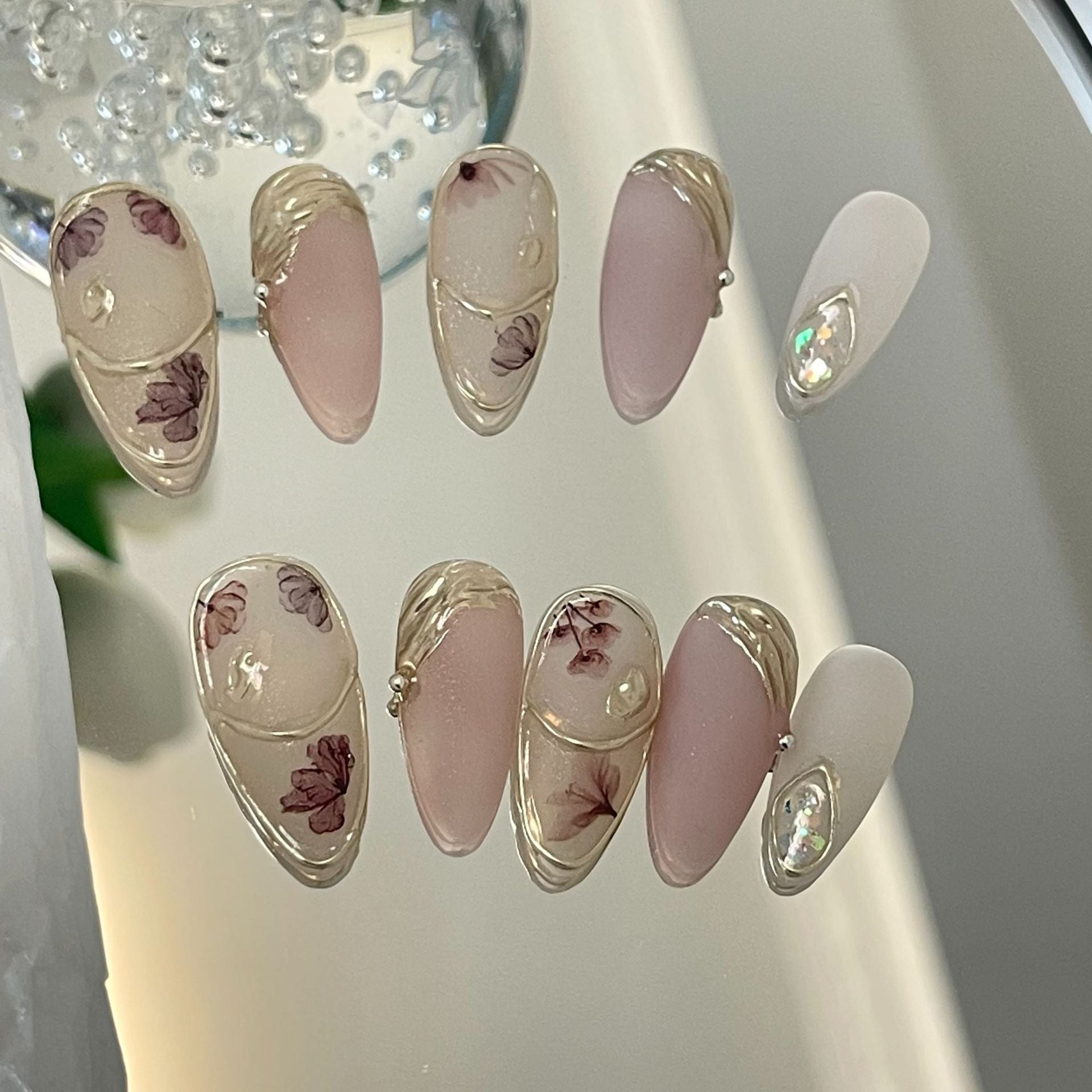 【CDJ003】Hand made nail Almond nail Magic Mirror powder French frosted white temperament for pregnant students can be removable