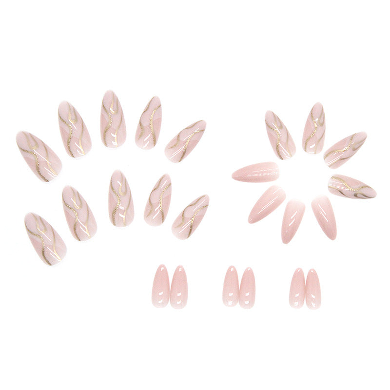 【CDJ013】Shiny gold powder ripple pure desire pink almond nail wear a finished cross-border manicure