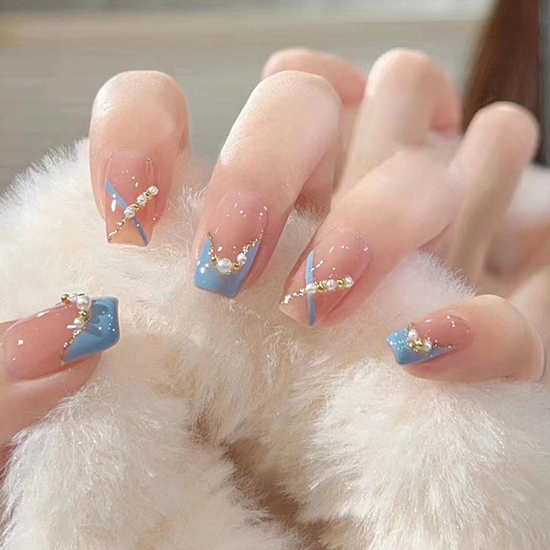 【CDJ027】Fresh blue irregular French pearl manicure cute short ballet sweet wearing nail nail girl nail