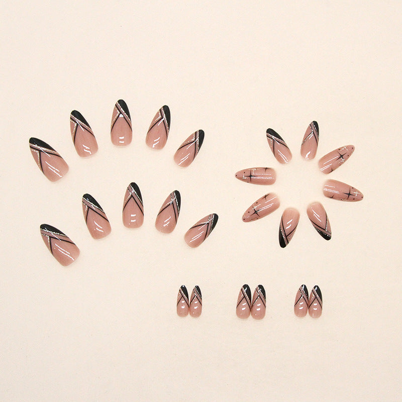 【CDJ017】Autumn/Winter Mystery Black Slash Line French Almond Nail Shine Starry sky Fake nails Wear Nail nail piece