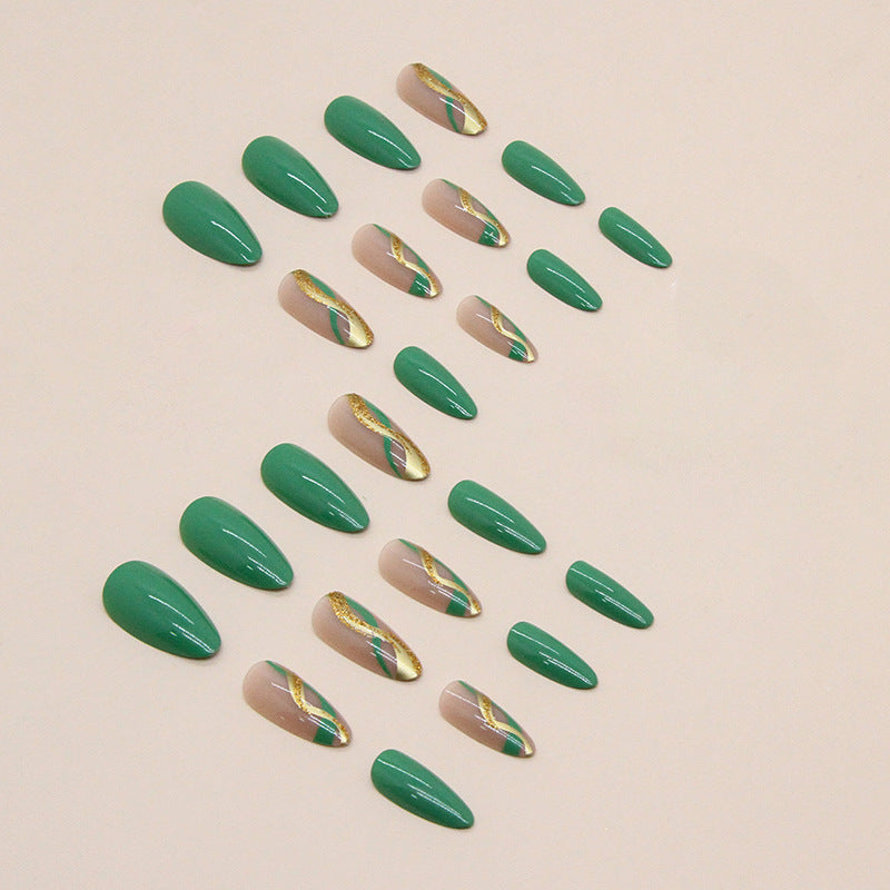 【CDJ026】Green round head almond nail gold ripple ribbon European and American fashion fake nails natural fresh green wear nail