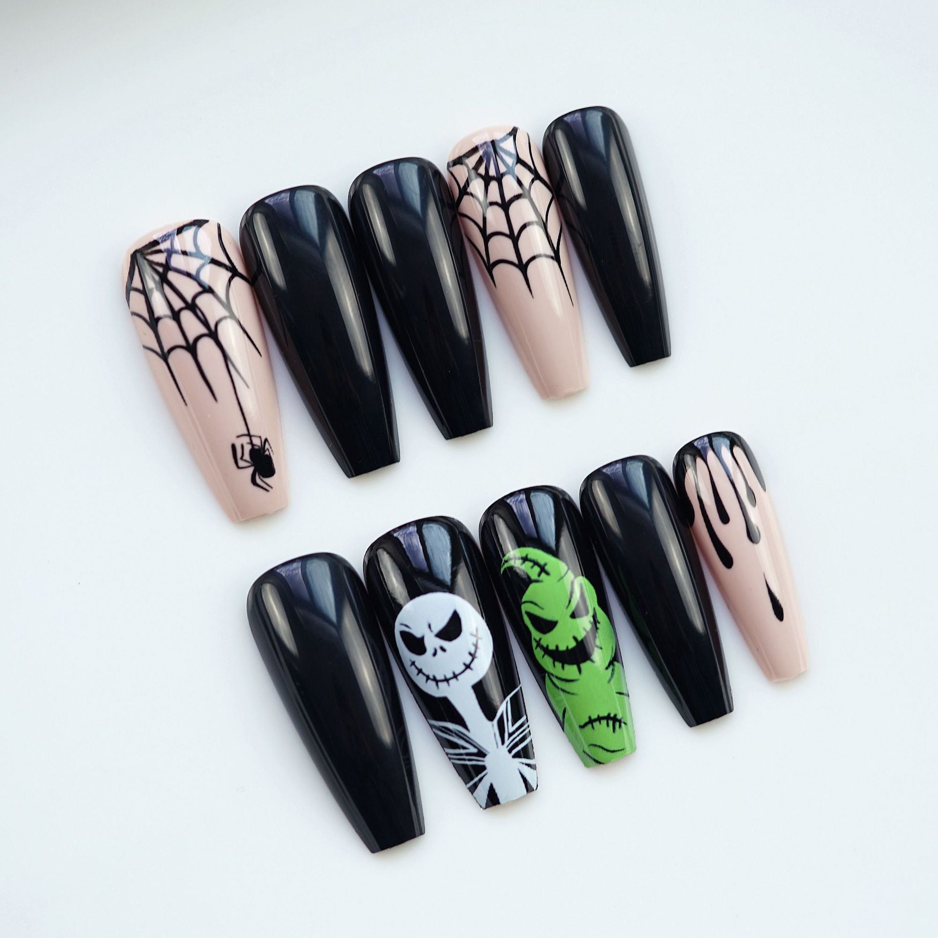 【CDJ036】Yellow-green skull long T fake nail piece Halloween holiday black wear nail art patch