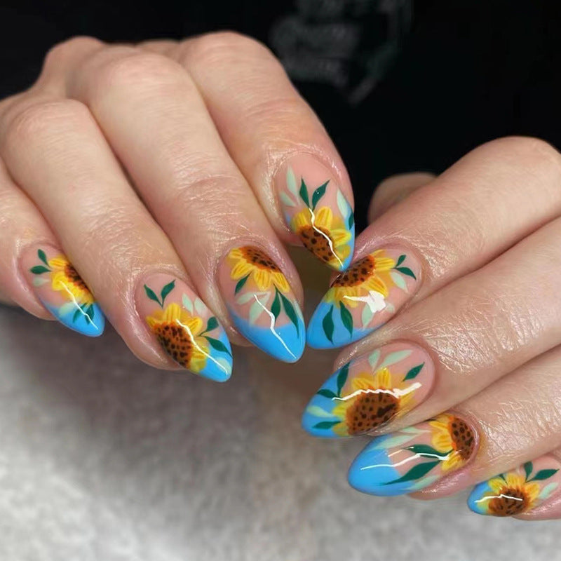 【CDJ021】Almond nail round head summer new Sunflower Flower Wear Nail Spice Sweet Wear Nail art