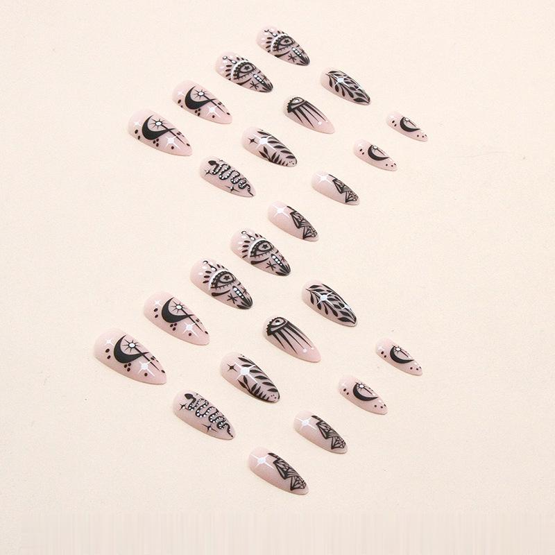 【CDJ020】Almond nail round head black totem wearing nail big eye diamond moon nail art Europe and America pompous ins wind nail piece