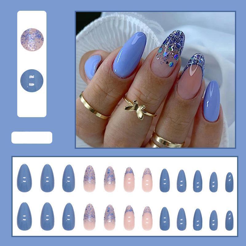 【CDJ018】Solid Smurf Glitter Almond Nail Fresh Summer Lake Blue Manicure white