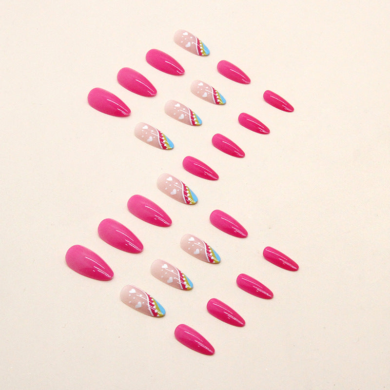 【CDJ019】Europe and the United States almond nail colorful ripple cute ins wind fake nails solid color rose red nail nail patch wear nail nail patch