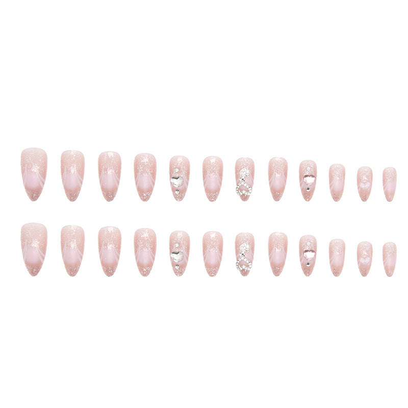 【CDJ014】Pink gradient love drop drill wear nail round head almond nail sweet pure desire ins wind nail art