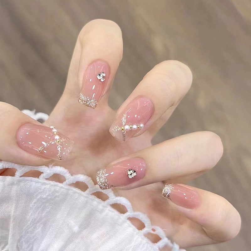 【CDJ028】Short ballet Pearl Glitter Pile Diamond fake nails Fashion Pink nail piece Diamond Wear nail piece