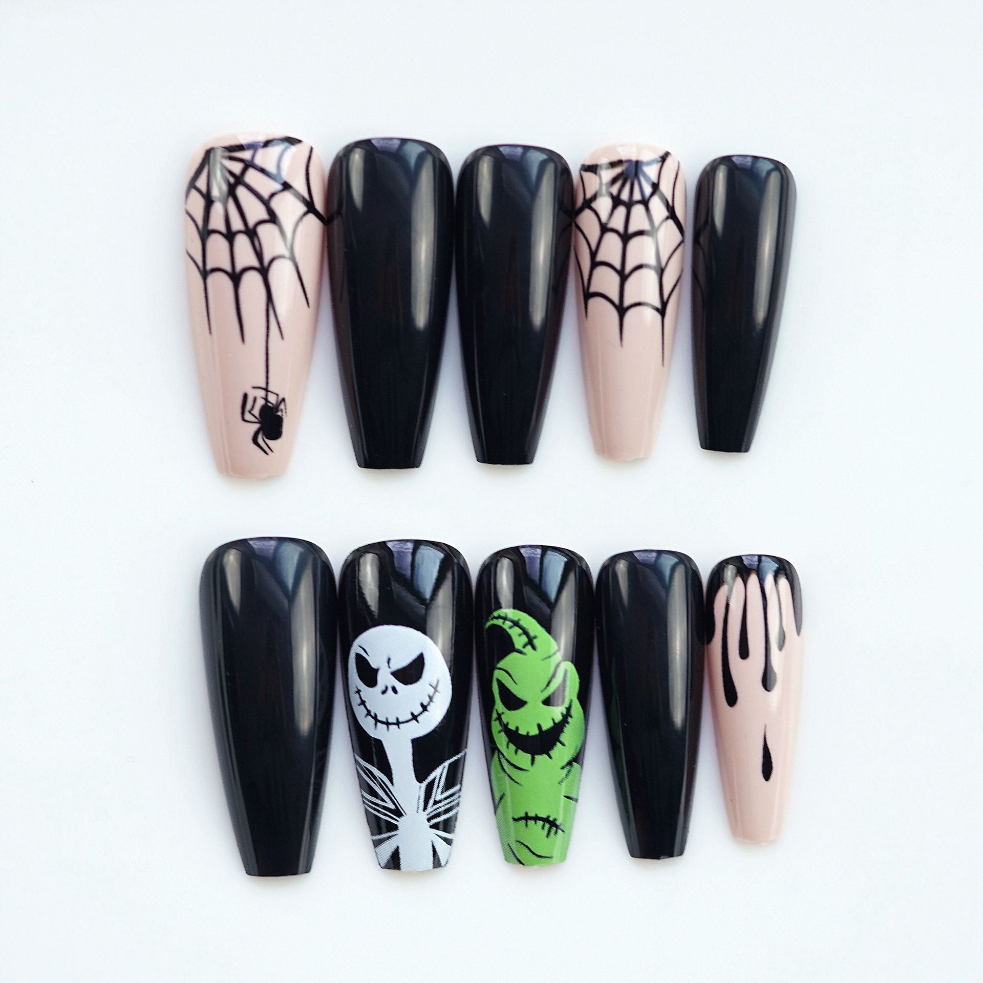 【CDJ036】Yellow-green skull long T fake nail piece Halloween holiday black wear nail art patch